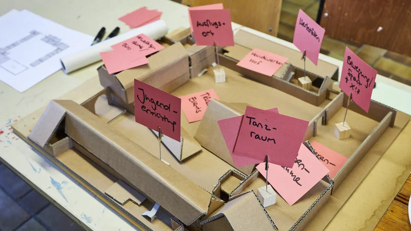 Ein Modell eines Vierkanthofes aus Pappe steht auf einem Tisch. Auf rosanen Postits sind verschiedene Ideen zur Raumnutzung festgehalten wie Tanzraum, Jugendeinrichtung, Werkstätten. 