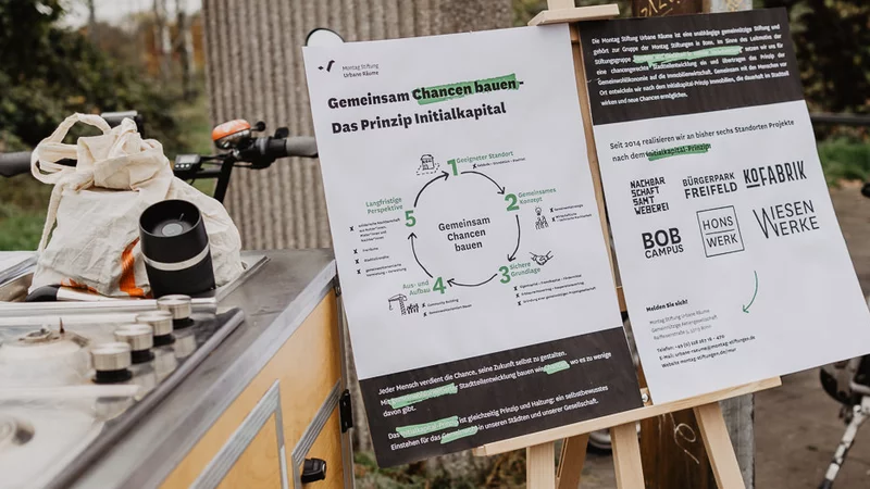 Im Außenraum, links steht eine Theke, in der Bildmitte eine Staffelei mit zwei Informationstafeln, rechts im HIntergrund sind Fahrräder abgestellt.