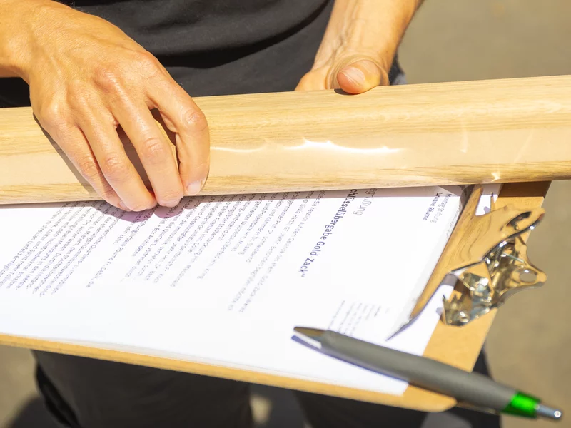 Mensch hält Holzobjekt über Dokument