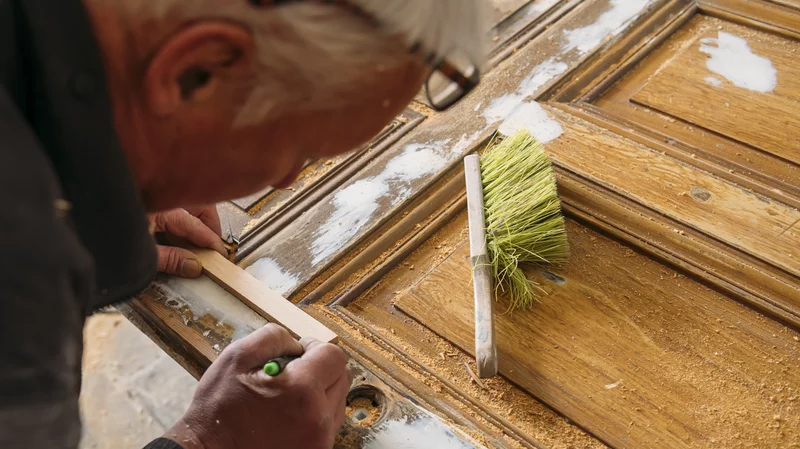 Ein Handwerker beugt sich über eine alte Holztür, auf der weiße Farbereste zu sehen sind. Auf der Tür liegt ein Handfeger mit hellgrünen Borsten und einige Holzspäne. Der Arbeiter zeichnet etwas an.