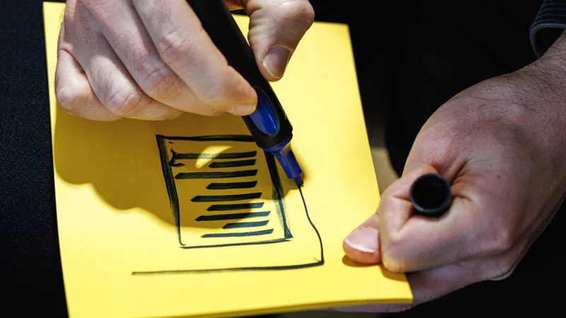 Zwei Hände halten einen großen gelben Block aus Haftnotizen und skizzieren mit einem schwarzen Marker ein beschriebenes Blatt Papier