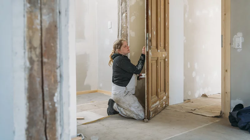 Person, die kniet und eine Tür bearbeitet